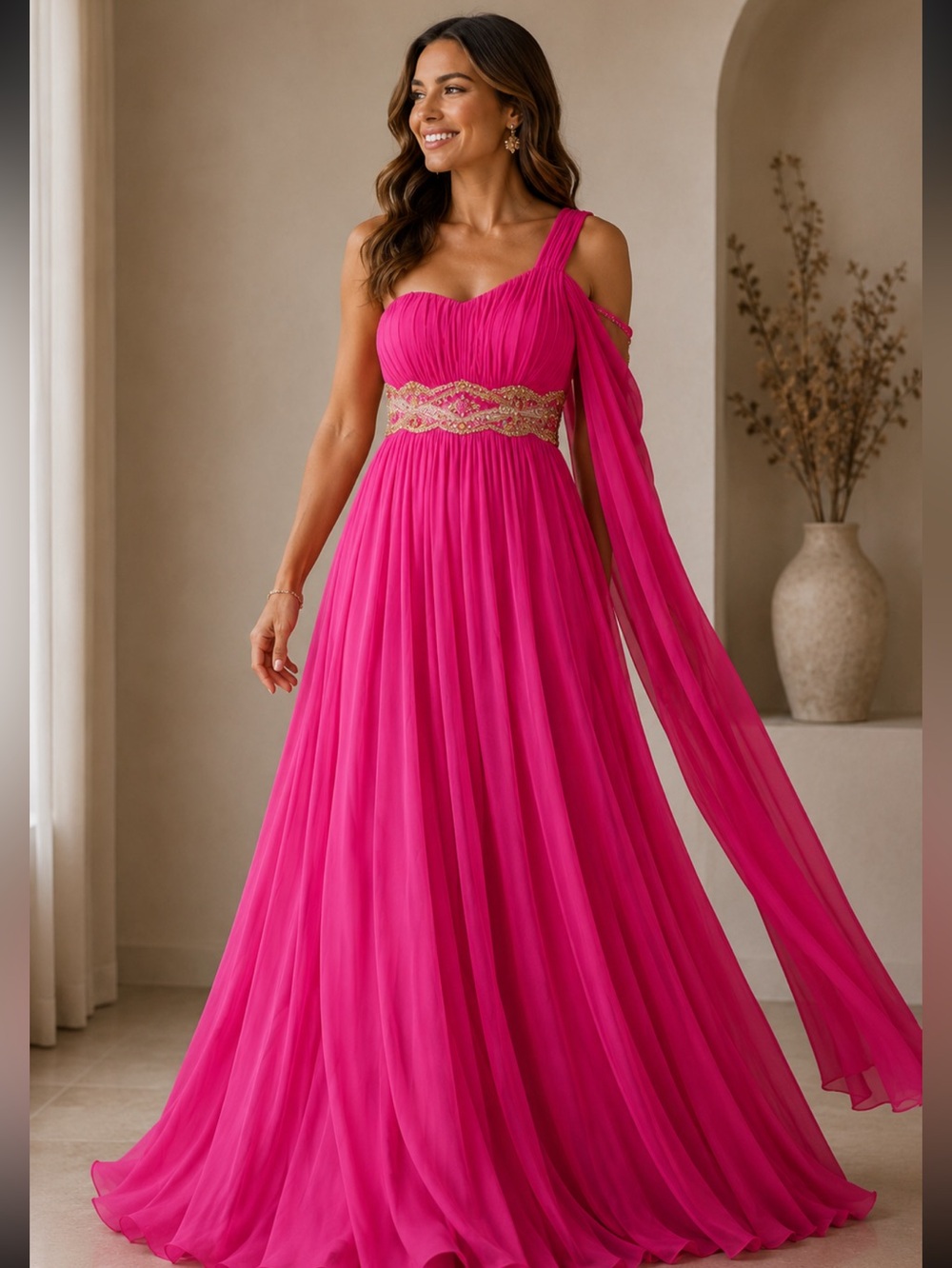 Aspeed bead one shoulder pleated maxi dress size 10 pink gold Barbiecore sheer